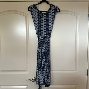 Boden green geo print jersey knit dress removable belt US 8L long euc